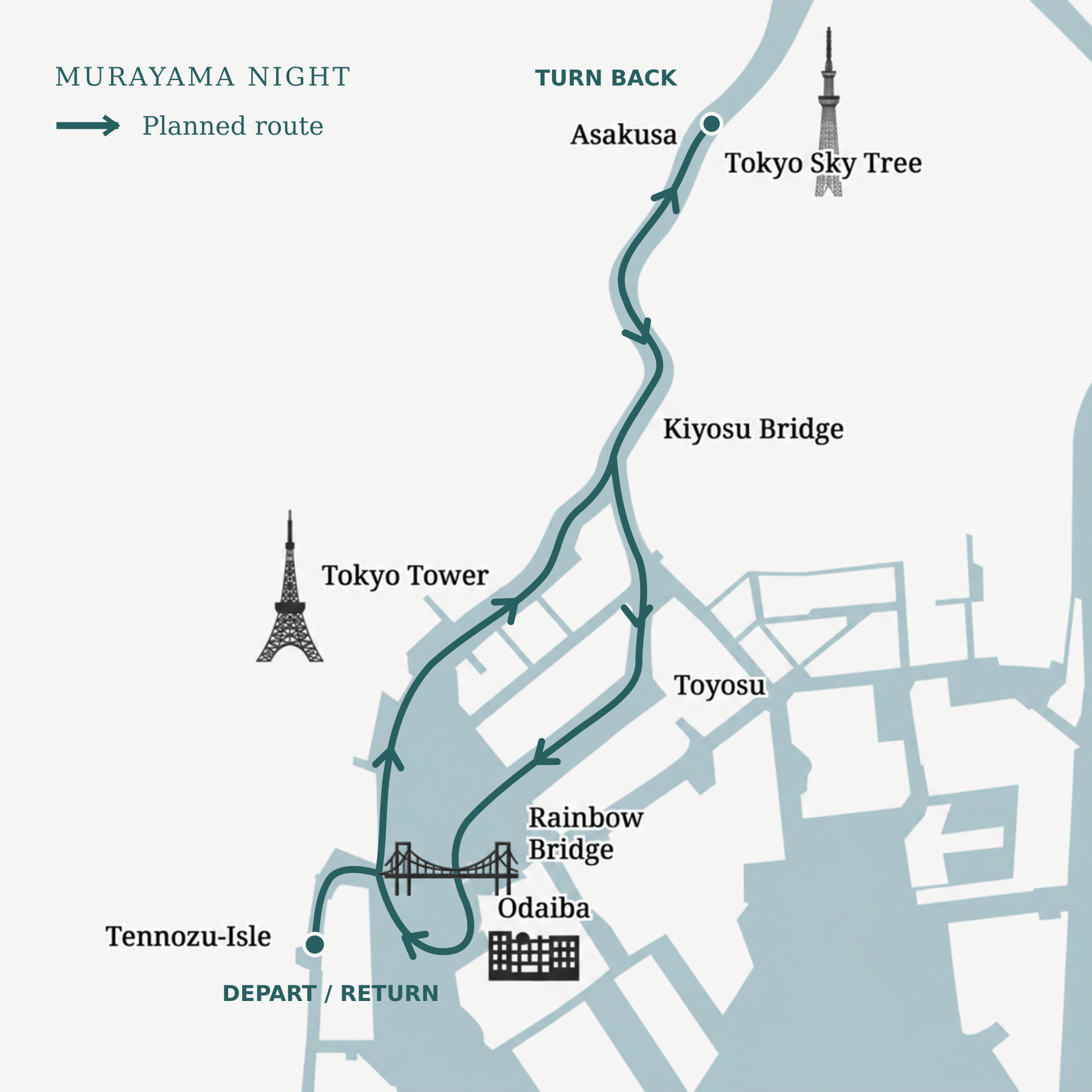 矢印で進行方向を示した予定航路の概略図。天王洲アイルから地図左側を北上し、浅草・東京スカイツリー付近で折り返し、右側の豊洲方面を南下。お台場を回り、天王洲アイルへ戻ります。